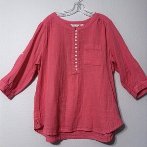 Women's Cafe Marrakech Gauzy Cotton Pull Over Top, Roll Tab Sleeves, Mandarin.XL